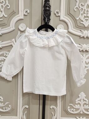 Pukatuka Baby Girl White Ruffle-Collar Long Sleeve Top with Blue Smocking Size 2